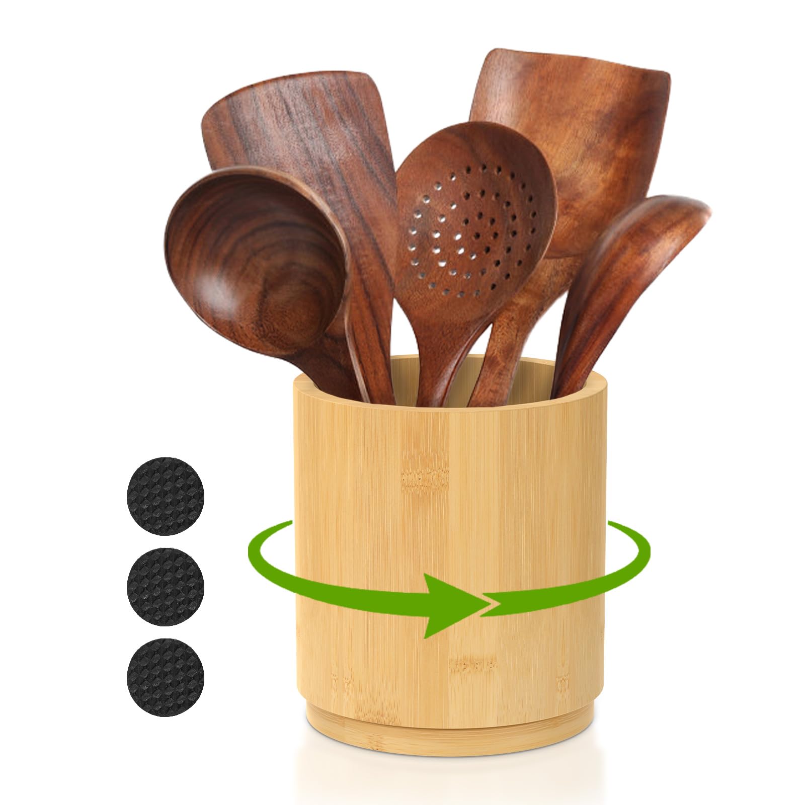 Bpyhebe Bamboo Wood Colour Wooden Utensil Holder, 15×15×16.5Cm Large Kitchen Cooking Utensil Organizer Stand For Countertop, Rotating Utensils Crock, Kitchen Counter Farmhouse Decor(Bamboo Wood Colour)