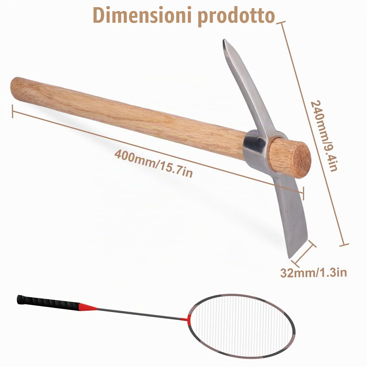 Tissting Coltivatore A Mano 40 Cm Zappa per Giardinaggio Agricolo - Zappa in Acciaio Inossidabile con Manico in Legno per Diserbo E Scavo, Ideale per Piantagione di Fiori E Manutenzione Bonsai