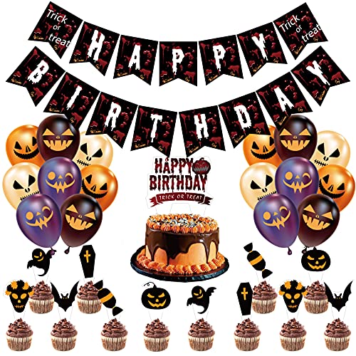 Halloween Party Dekoration Supplies Set- Halloween Ballon Kit, Monster Grabstein Kuchen Karte und Happy Banner, Perfekt für Halloween Bar Home Dekoration, Weihnachten, Geburtstag Party Decor Supplies Cover