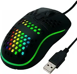 Mouse Gamer RGB, 1600 DPI, 4 Botões Design Colmeia com LED, USB para PC e Notebook, Preto Com Fio
