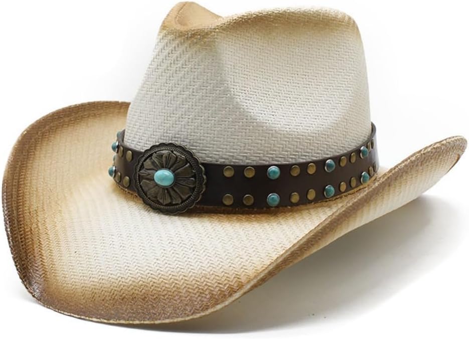Western Cowboy Hat, Grey with Turquoise Studded Band, Decorative Concho