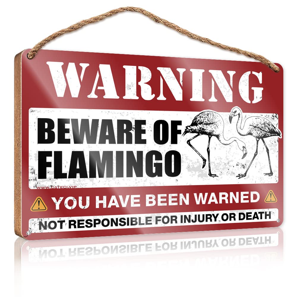 FRINTOXA Outdoor Wooden Signs Beware Of Flamingo Wooden Sign(23X35CM)