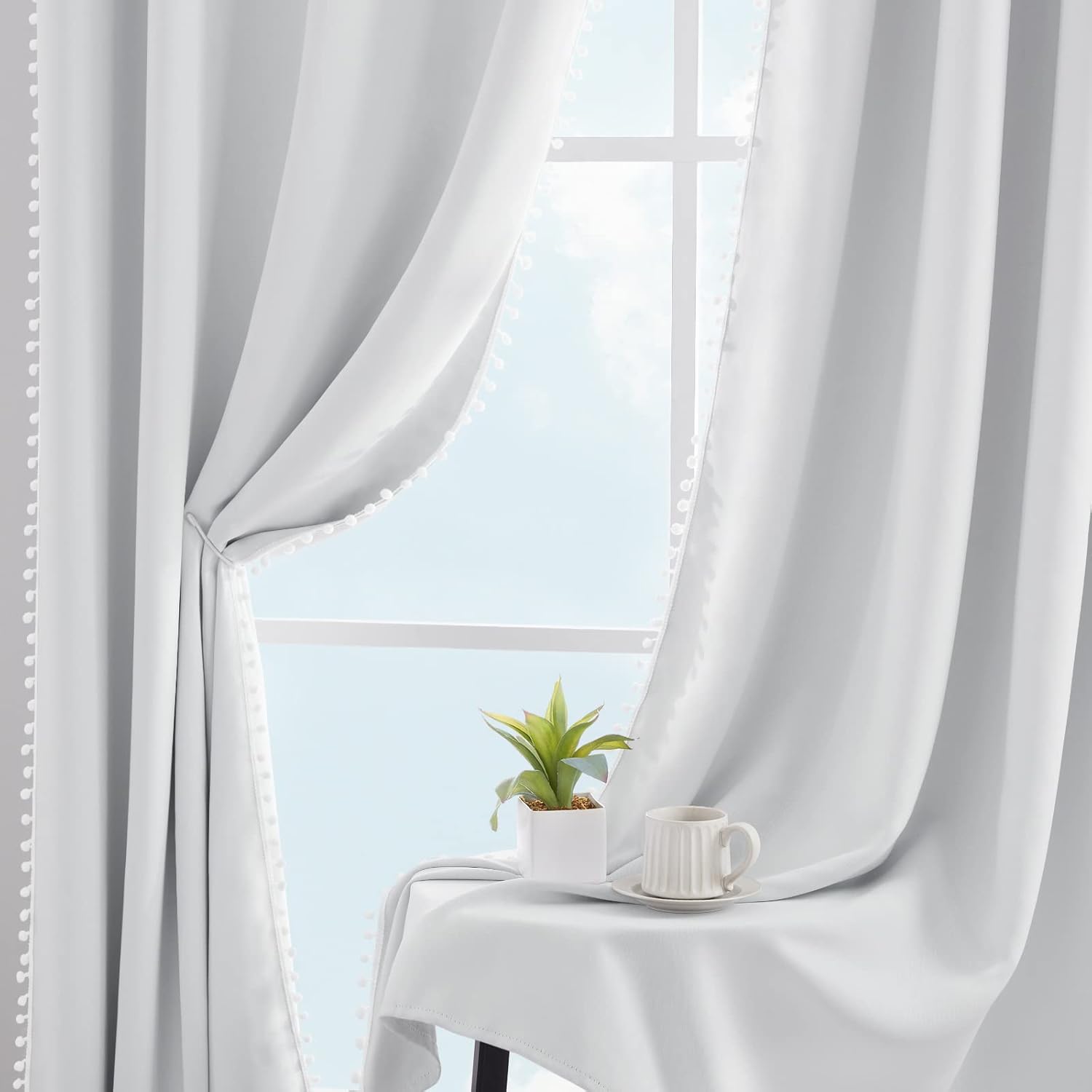 HOMEIDEAS Greyish White Pom Pom Blackout Curtains 52 x 96 Inches Long Grommet Room Darkening Window Drapes 2 Panels for Bedroom, Living Room, Nursery