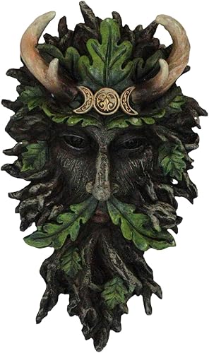 Ebros Gift Wicca Spirit God Triple Moon Cornler Coronado Black Greenman Árbol Ent con hojas de follaje verde colgante Placa de decoración de pared