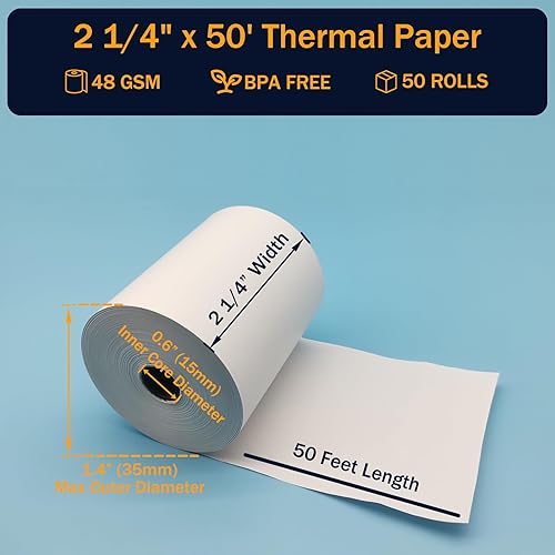 Miniatura 2 de (50 rollos) Rollos de papel térmico de 2 14 x 50 pulgadas, rollos de papel térmico sin BPA, 2.25 pulgadas de ancho y 50 pies de largo por rollo de