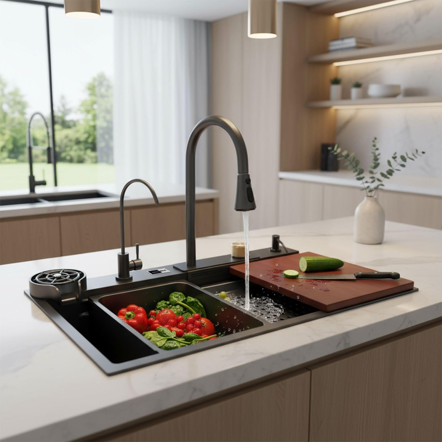 Zolmix® Premium 304 High Grade Stainless Steel Waterfall Kitchen Sink | 30x18x9 Inch | Nano Black | Anti-Scratch Honeycomb Design with Pull-Down Faucet | Modern & Multifunctional Kitchen Sink