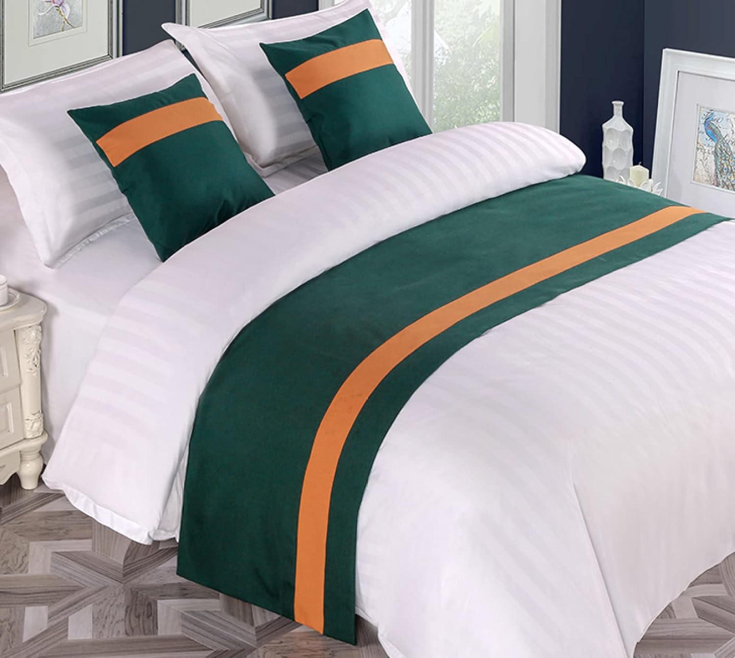 Bed Runner, Design Geometric Streaks, Decorative Accent Bedding Scarf for Hotels Homes and Guestrooms,Green Orange,50 X 240cm (Bed Scarf Only)