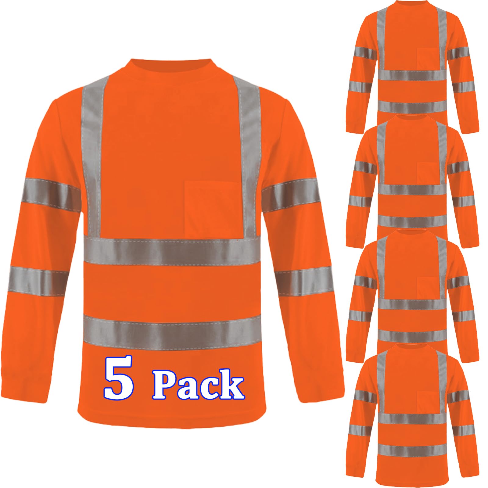 BeautyWill 5 Pack Safety T Shirts ANSI Class 3 Standard High Visibility Shirt with Reflective Tapes and Pocket Work Shirts for Men Construction (Orange-LongSleeve,X-Large)