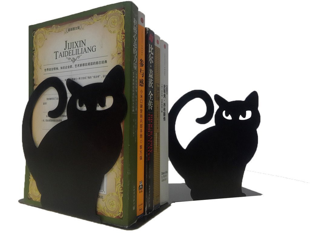 Set di 2 reggilibri decorativi a forma di gatto in metallo Nero