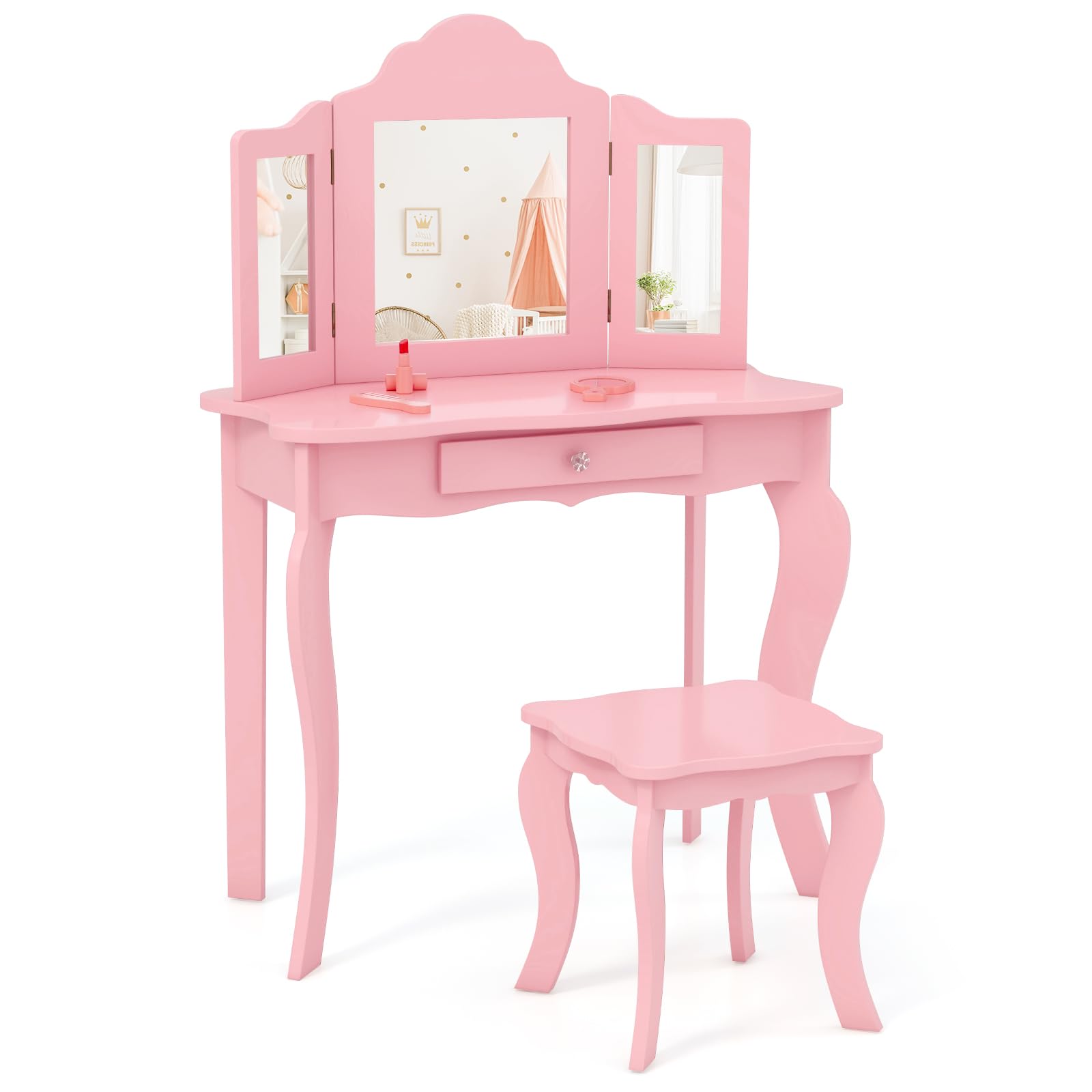 DREAMADE Schminktisch Kinder mit Hocker & Abnehmbarer Spiegel, Prinzessin Frisiertisch mit Schublade, Kinderschminktisch für Kinder Mädchen (Rosa-ohne Beleuchtung)