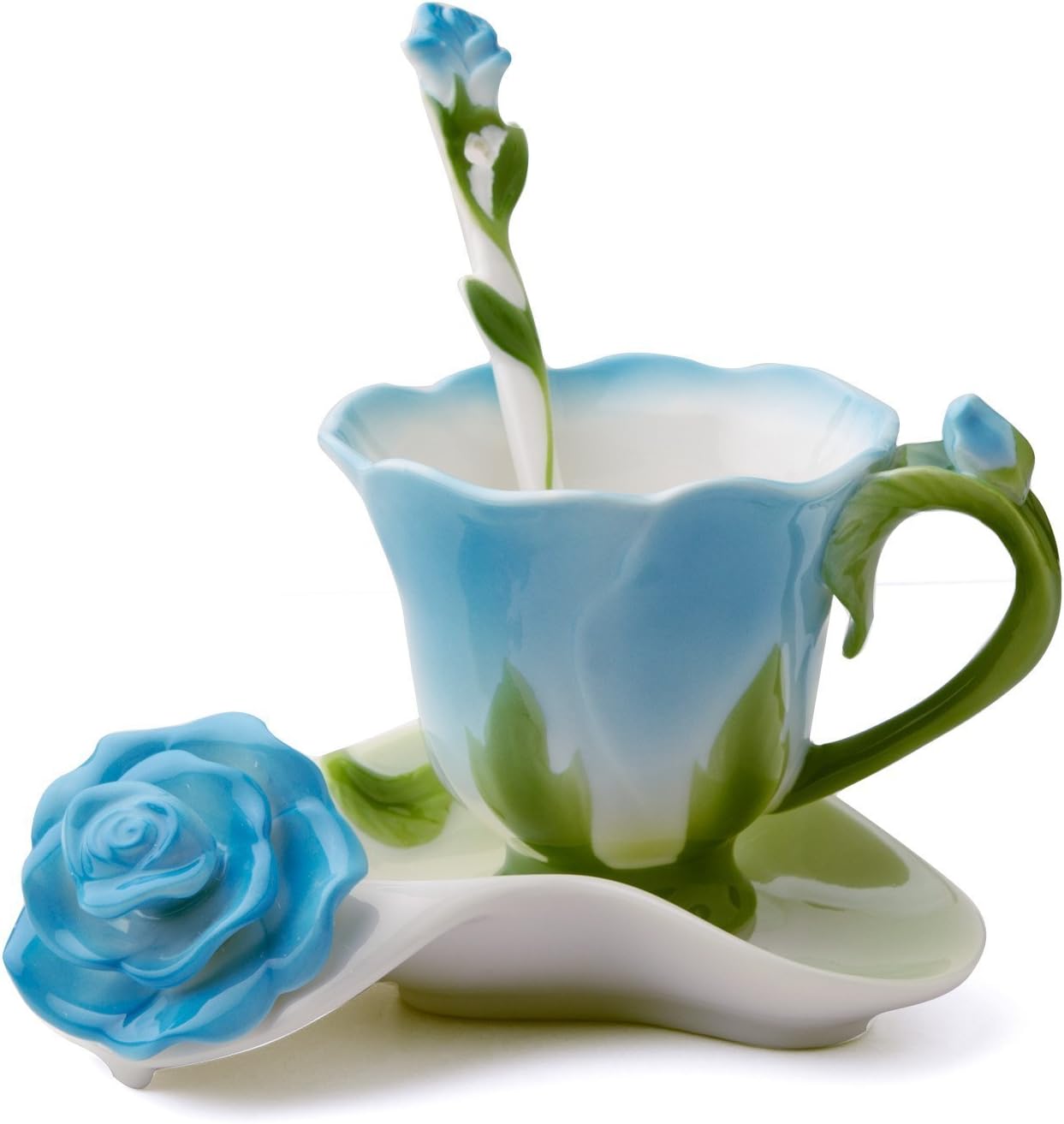 YBK Tech Creative 3D Rose Bone China Ceramic Coffee Mugs Afternoon Tea Cup and Saucer Set (Blue)