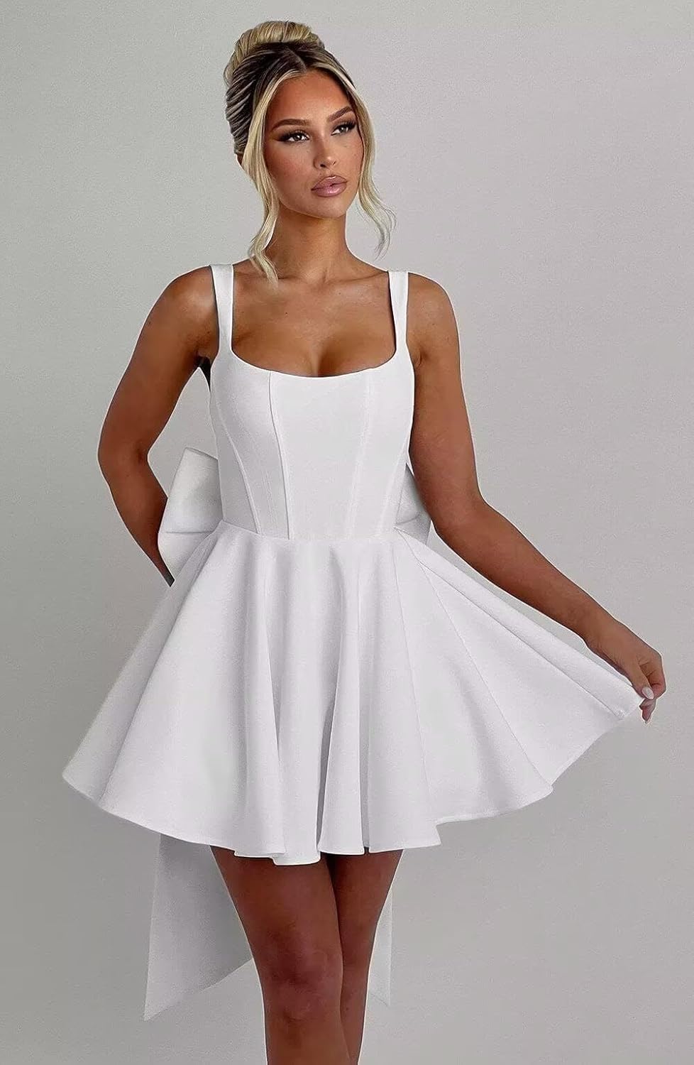 Satin Homecoming Dresses with Bow 2026 Short Corset A Line Square Neck Cocktail Party Dress for Teens