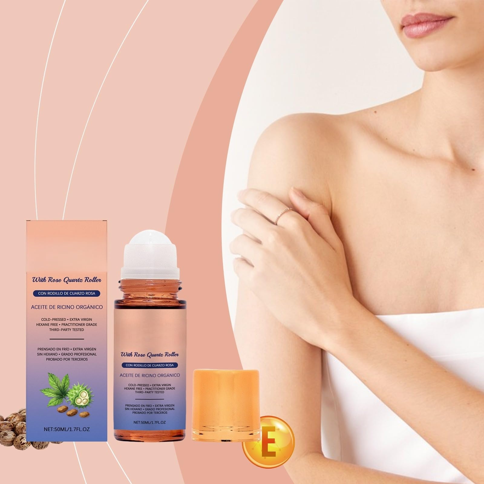 Rose Quartz Roller Ball Castor Oil Roll On Moisturizing Massage Roll-On Roll-On Roll-On Roll-On z wyjmowanym różowym kwarcem Aplikator dla kobiet mężczyzn do pielęgnacji skóry (plastikowa kulka)
