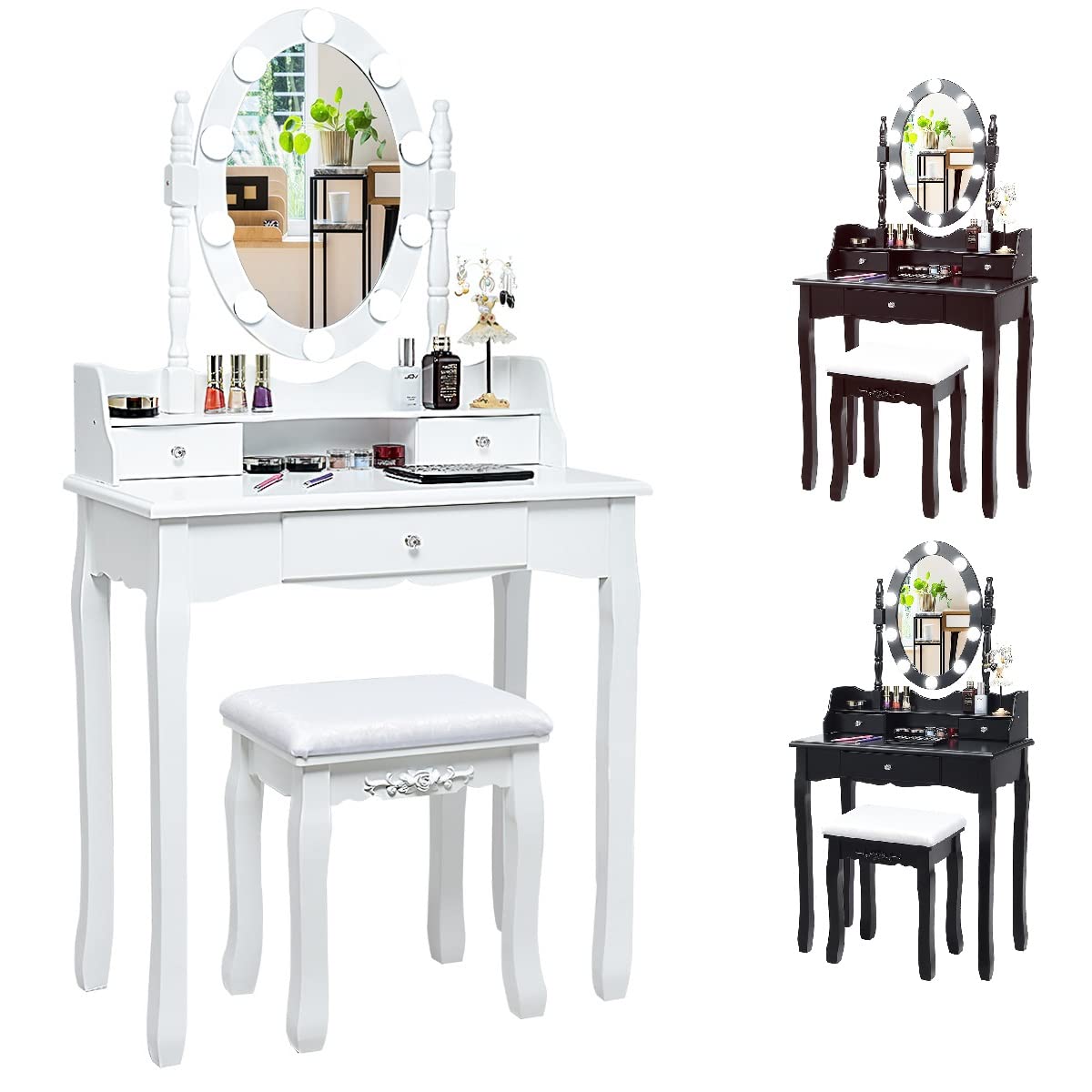 GYMAX Toeletta da Trucco, Illuminata con 10 Lampadine di LED, 3 Cassetti per Cosmetici, Specchiera Staccabile, Sgabello in Spugna, Set Mobile da Camera, Moderno ed Elegante, 75x40x143,5 cm, Bianco