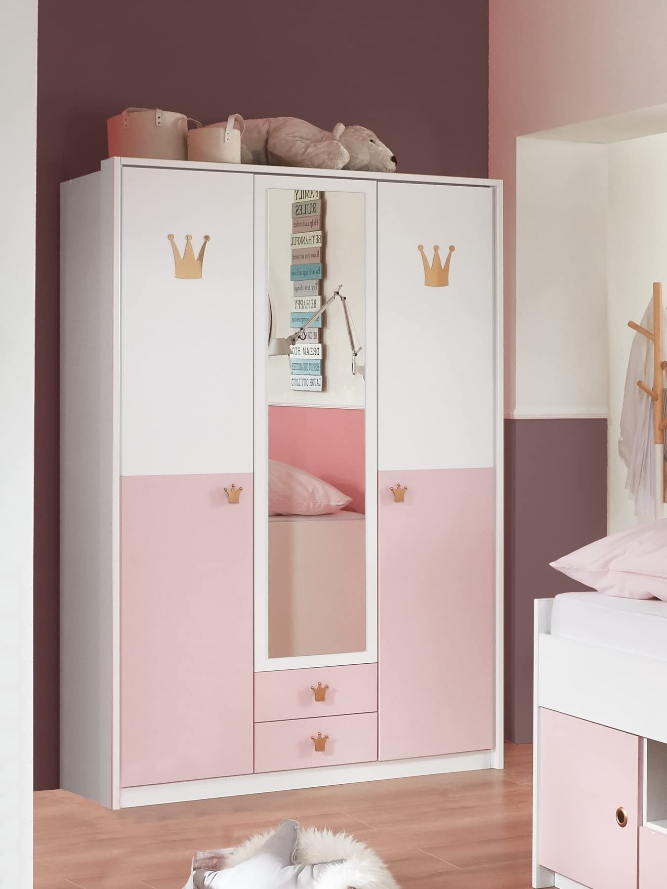 möbelando Kleiderschrank >CINDY2< (BxHxT: 139x199x58 cm) in Weiss + ABSETZUNGEN Rose