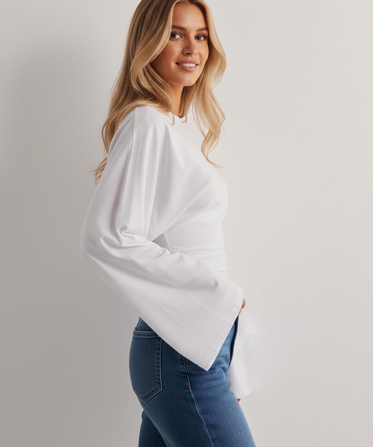 Navneet Women Long Bell Sleeve Ruched Cinched Waist Tee Top Crew Neck Loose Fitting Dressy Going Out Top - Image 2