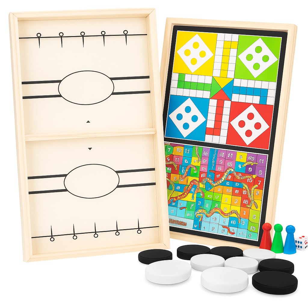 Board Games for Kids | 3 in 1 String Hockey, Ludo & Snake Ladder Wooden Board Game | Indoor Games for Kids & Family | Fast Sling Puck Game, Fun Wooden Home Play Set for All Ages