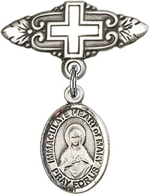 Sterling Silver Baby Badge with Immaculate Heart of Mary Charm and Badge Pin with Cross 1 X 3/4 inches