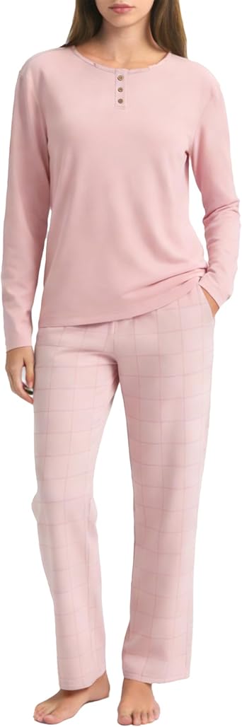U2SKIIN 100% Cotton Pajamas for Women Set 2 Piece Soft Long Sleeve Lounge | Classic Henley Neck Sleepwear, GridPrint StraightLeg Pants With Side Pockets, RelaxedFit Indoor Loungewear for Daily Wear