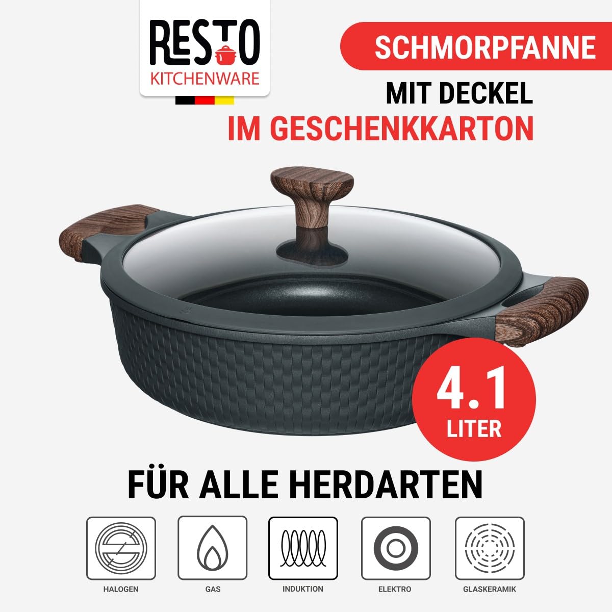 RESTO 93906 brytfanna ze szklaną pokrywką Ø 28 cm czarna 4,1 l – stylowy garnek do duszenia z powłoką zapobiegającą przywieraniu, indukcja, w pudełku prezentowym