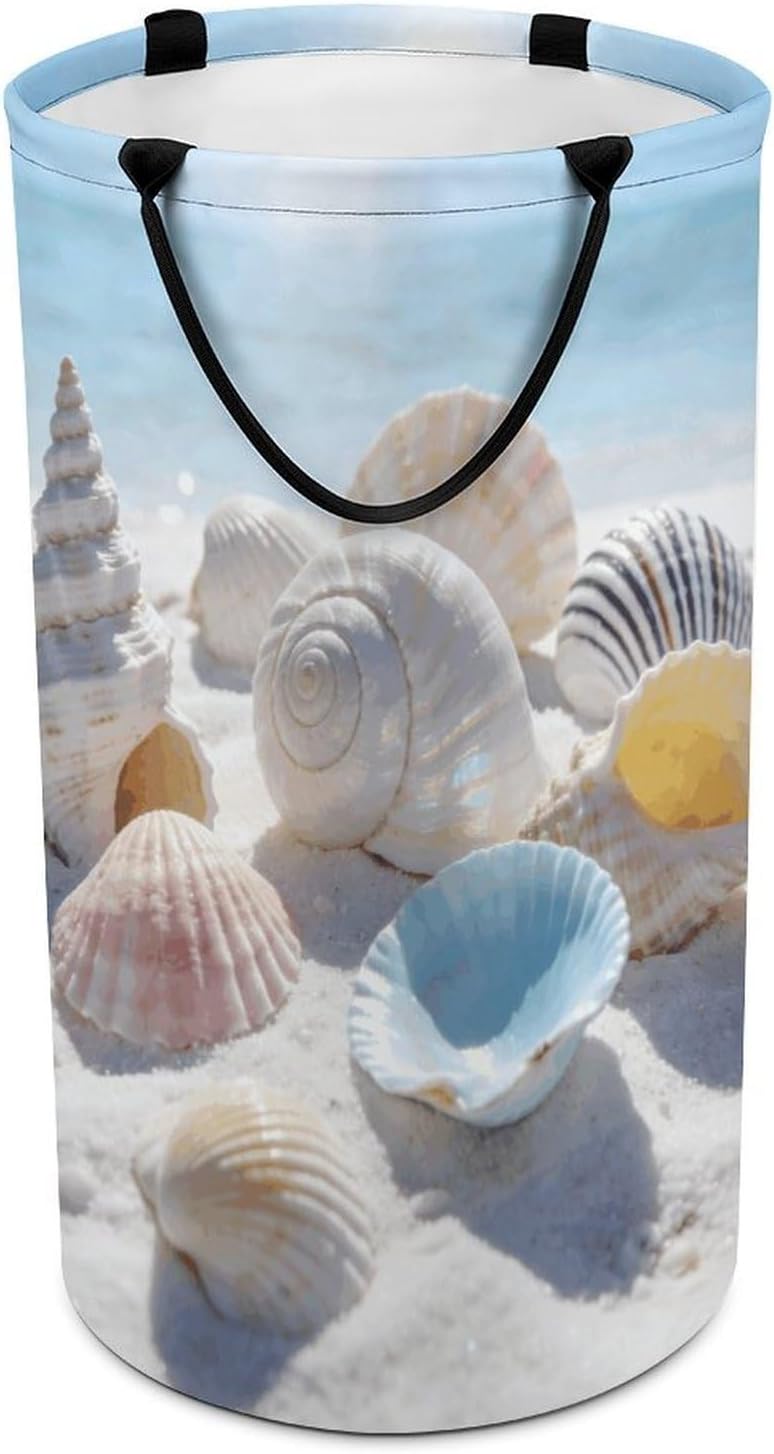 Seashells Conch Laundry Hamper with Handles Waterproof Collapsible Laundry Basket Large Lightweight Round Dirty Clothes Hamper for Home Dorm Bathroom Decor