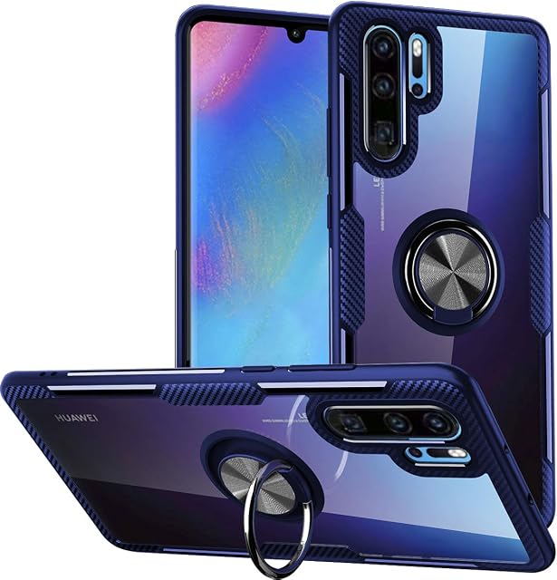 WATACHE Huawei P30 Pro Case, Clear Crystal Carbon Fiber Design Armor Protective Case with 360 Degree Rotating Finger Ring Grip Holder Stand [Magnetic Car Mount Feature] for Huawei P30 Pro (Blue)
