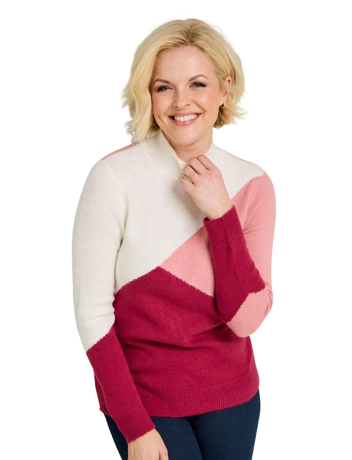 Amber Ladies Colour Block Turtle Neck Jumper with Long Sleeves & Stretch Knit Wine 10