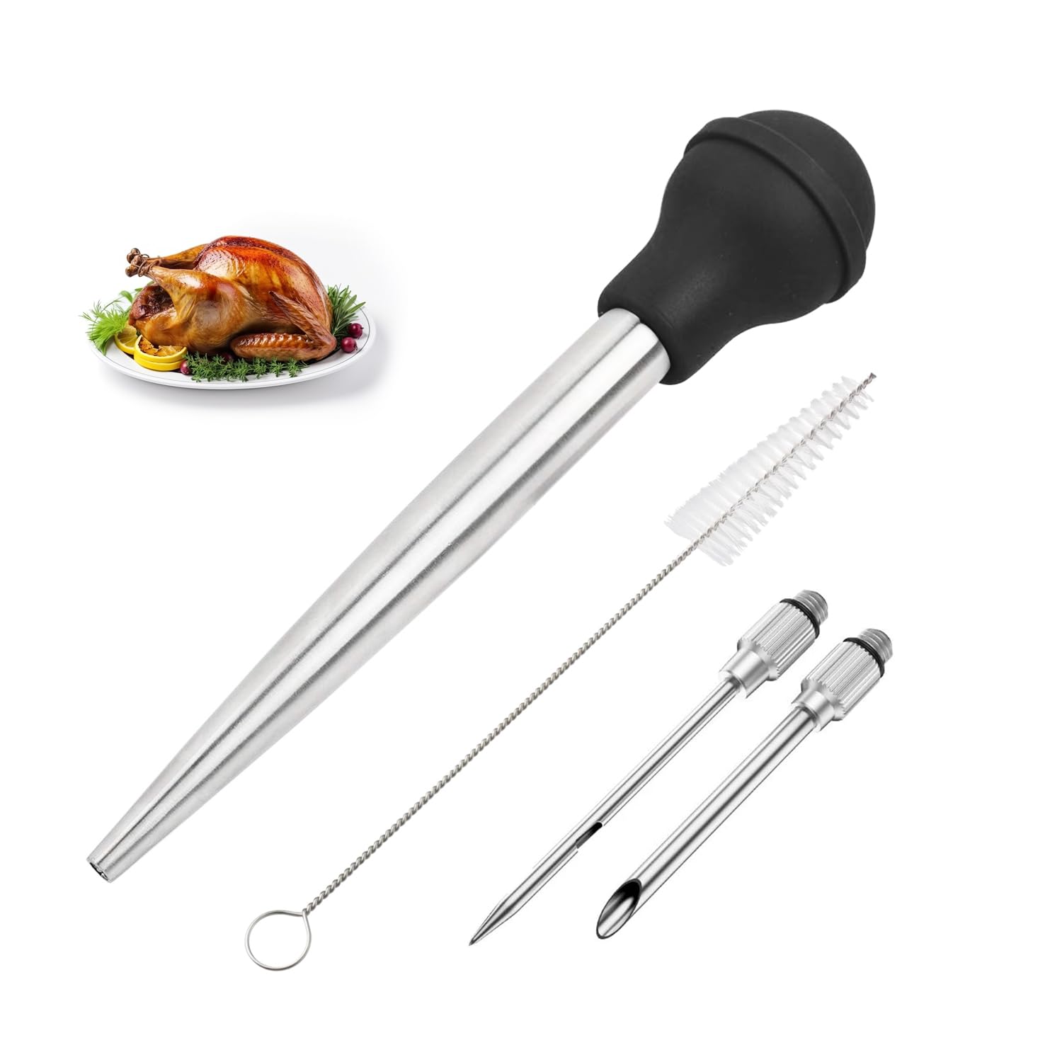 10.6inch Turkey Baster,Stainless Steel Turkey Baster With Cleaning Brush,Marinade Injectors Syringe, for Cooking Meat Injector Set for Home Baking Kitchen Tool(Black)