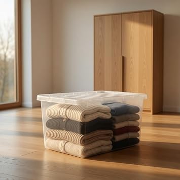 LAVISHLY 25L Clear Boxes for Storage Box with Lid - Transparent Plastic Container for Home & Office - Stackable Plastic Storage Box for Clothes - Pack of 5