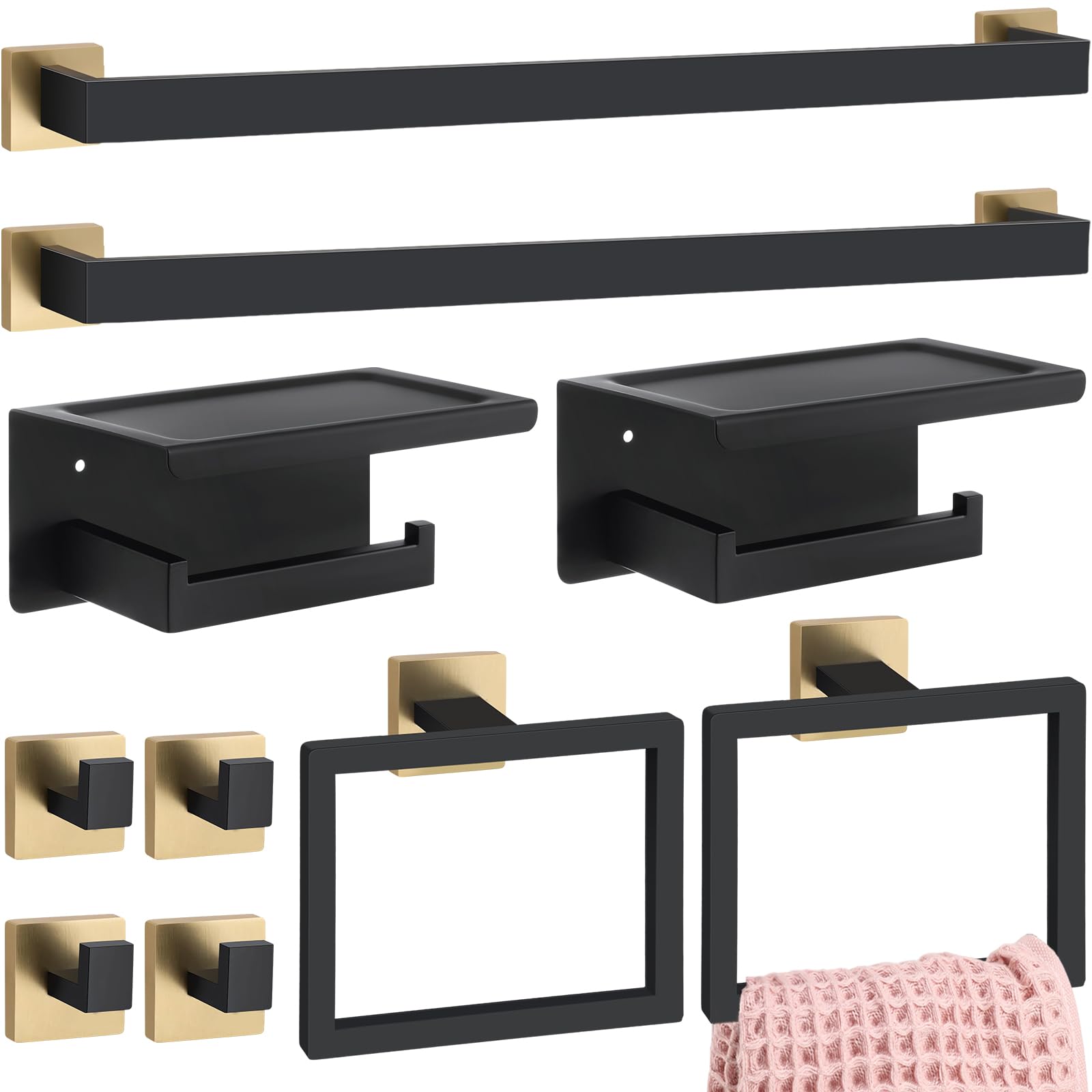 Blulu Juego de 10 soportes para toallero de baño de 23.6 pulgadas, gancho para bata, soporte para papel higiénico, juego de accesorios de baño de acero inoxidable, kit de accesorios de baño montado en