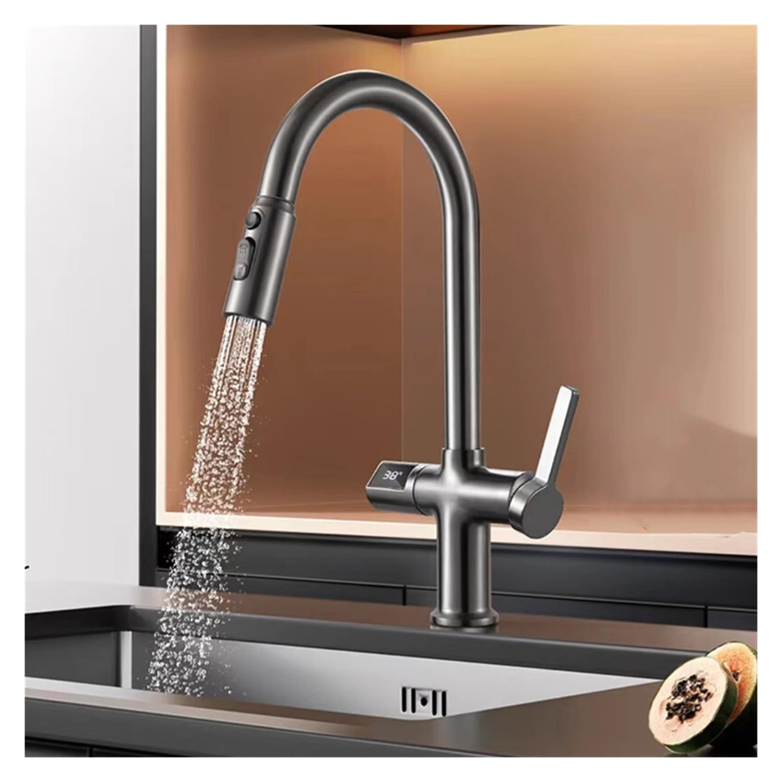 ZYCHSJXA Gourmet Sink Full Copper Temperature Digital Display Cold and Hot Water PullOut Kitchen Faucet