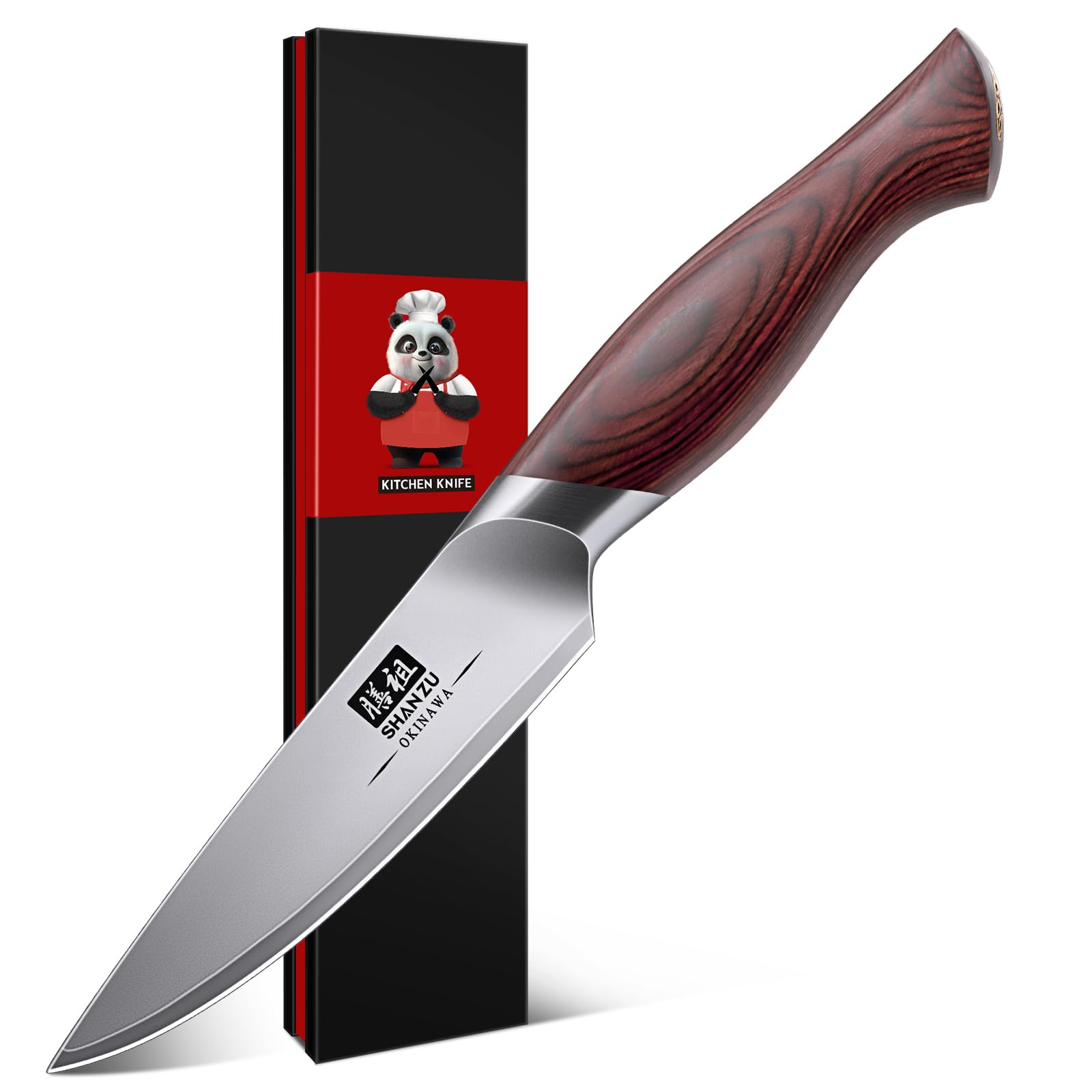 SHAN ZU Schälmesser 10cm, Japanisches Gemüsemesser Obstmesser, Kleines Küchenmesser mit scharfer Klinge aus 10CR15Mov-Edelstahl mit hohem Kohlenstoffgehalt & Ergonomischer Griff aus Pakkaholz