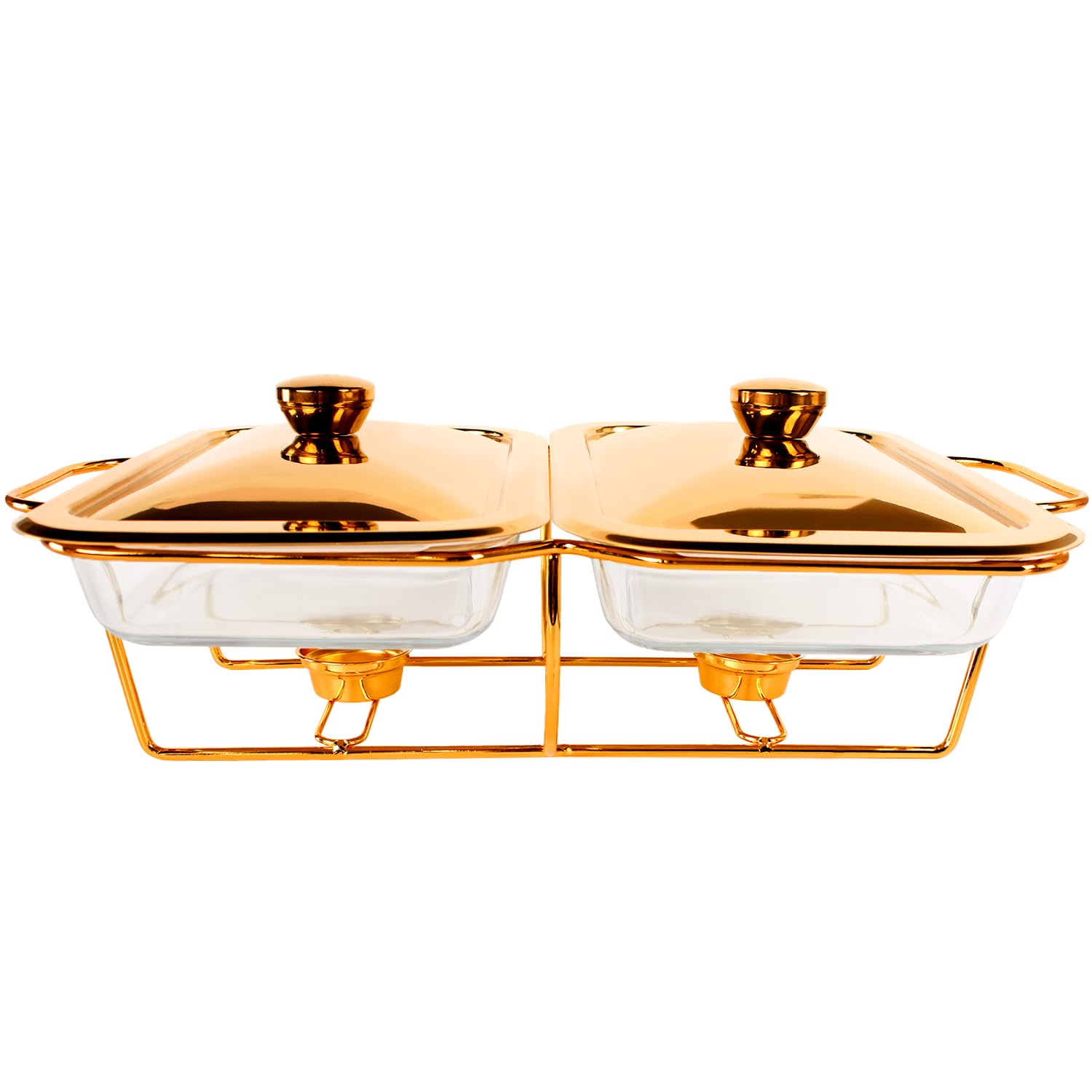 Cacerola de vidrio para hornear con tapa de acero inoxidable y estante, sartén grande para cazuela y lasaña, apto para lavavajillas, congelador, microondas y horno (rectángulo dorado 2 en