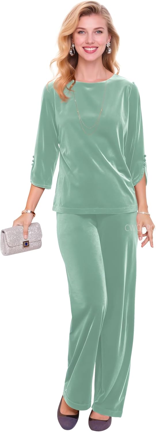 CWOAPO Velvet Mother of Bride Pant Suits for Women Long Sleeve 2 Piece Pantsuit Formal Wedding Guest Outfit