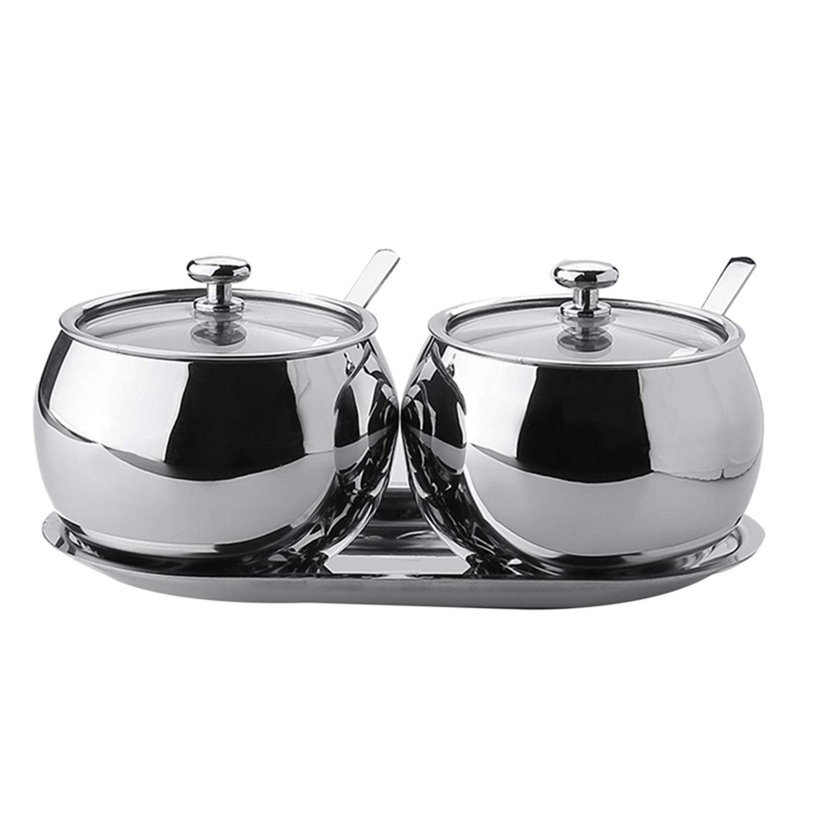 Contenitori per Condimenti Ciotola di Zucchero con Coperchio e Cucchiaio, 2 barattoli di Sale in Acciaio Inox Sale Set di barattoli con condimento, Argento Barattoli Portaspezie