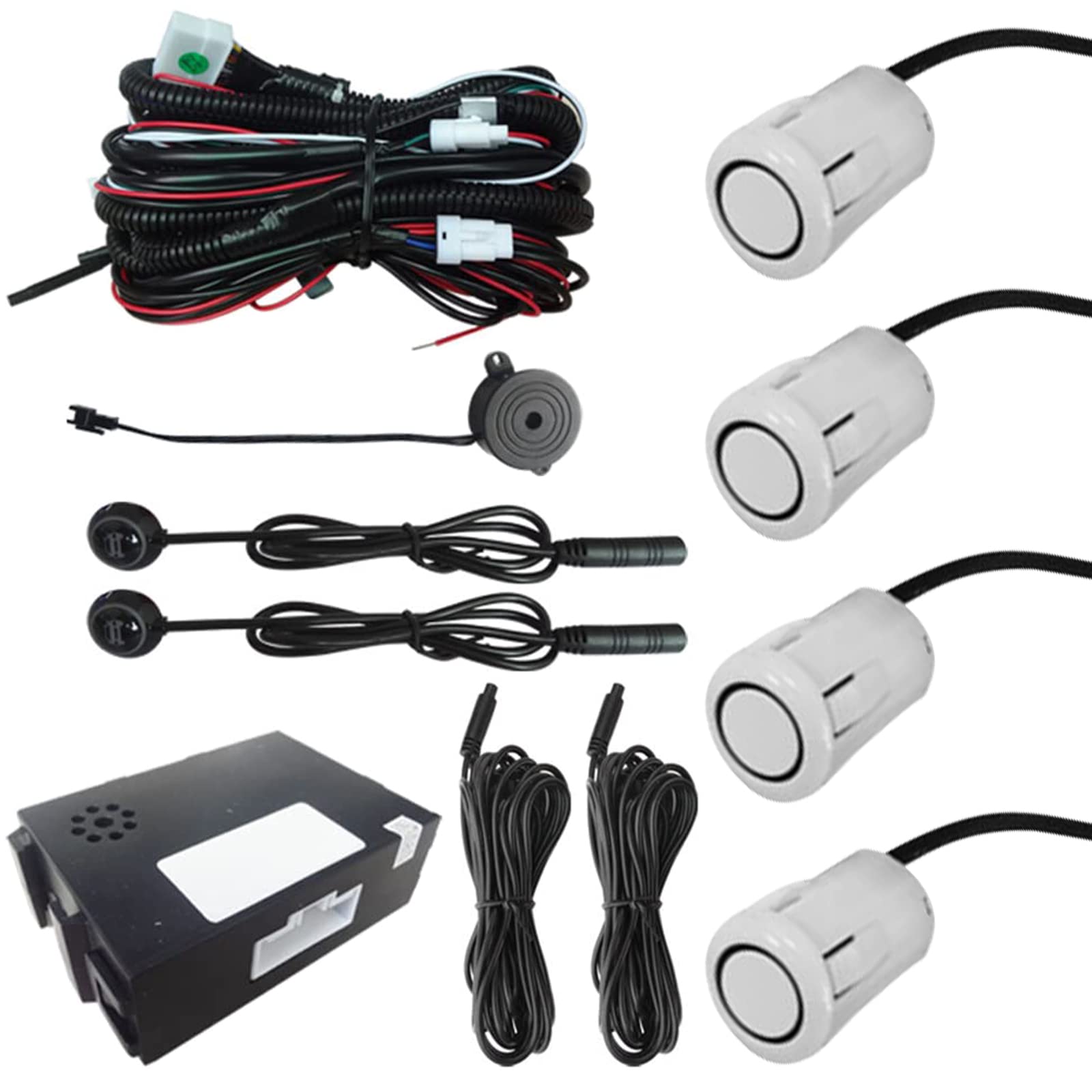 Riloer Car Auto Vehicle Reverse Backup Radar System with 4 Parking Sensors, Distance Detection + Sound Warning Universal Radar Detector Buzzer Alarm Indicator Kit (White)