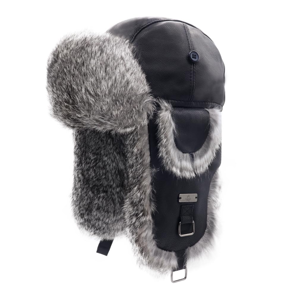 Winter Trapper Hat,Rabbit Fur Aviator Hat,Russian Trooper Hunting Ski Hat