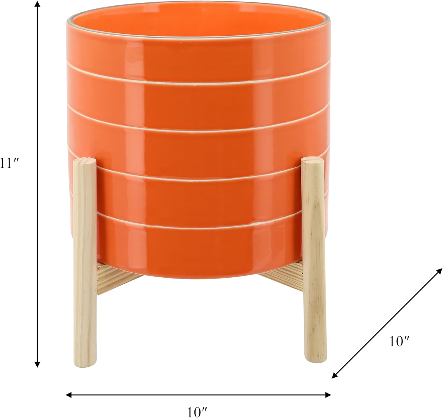 Striped Ceramic Planters with Wooden Stand as Home Decor - Flower Pots for Entryway, Patio, Tabletop, and Garden - Large Colorful Decorative Pots for Indoor and Outdoor Plants - 14", Orange & Tan