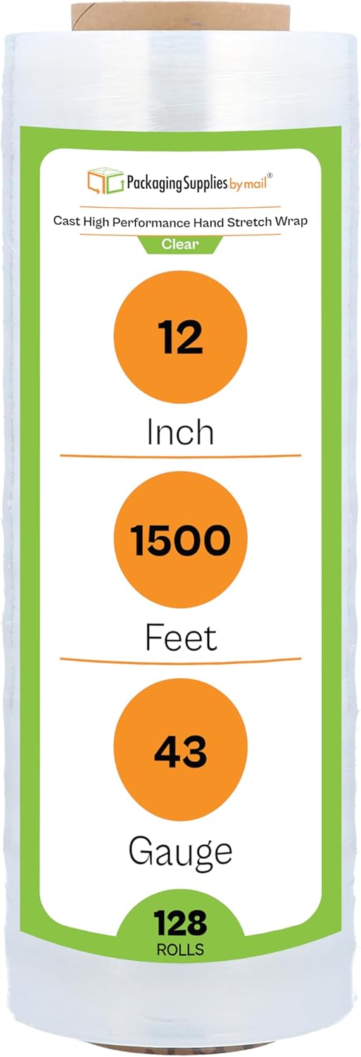 PSBM 4 Rolls 12 Inch x 1500 Feet 43 Gauge Stretch Film/Wrap, Industrial Strength Clear Shrink/Plastic Wrap for Moving, Packing, Shipping, Pallet Wrapping & Storage