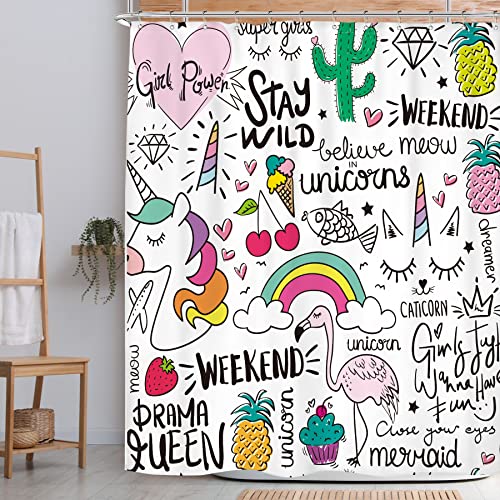 Riyidecor Unicorn Shower Curtain 72Wx72H Inch Cartoon Kids Girls Teens Fairy Rainbow Cute 12 Hooks Flamingo Cactus Pineapple Decor Bathroom Set Fabric Polyester Waterproof #TOP6