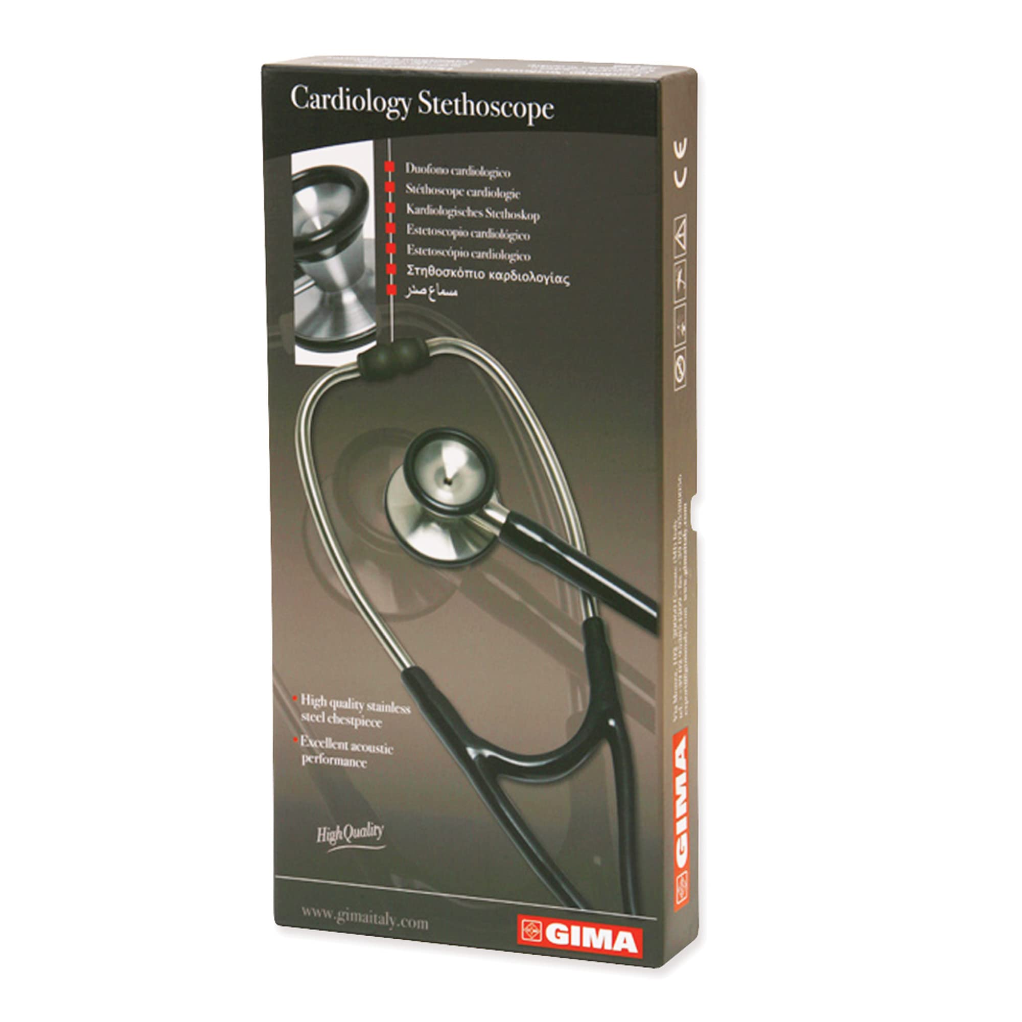 Gima - Stéthoscope de cardiologie classique avec tête en acier inoxydable, cloche en forme de cône pour basses fréquences, membrane haute sensibilité pour amplifier les sons, Lira Nero, 32552