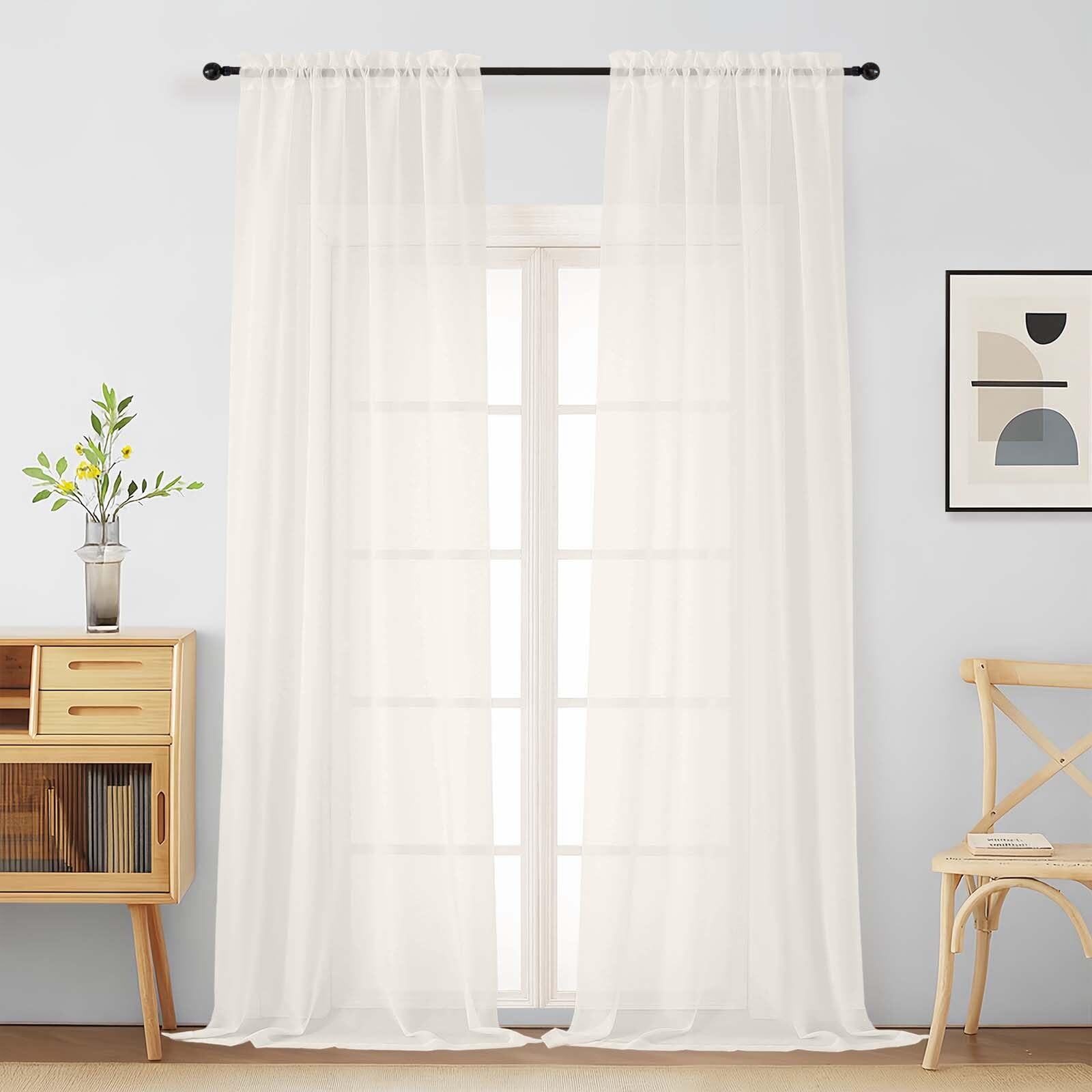 Ivory Sheer Curtains for Window 96 Inches Long 2 Panels Set, Soft Airy Light Filtering Voile Sheer Curtains for Living Room Bedroom, Dual Rod Pocket Elegant Window Drapes, 2x42Wx96L Inches