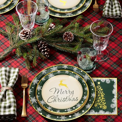 Christmas Paper Plates and Napkins for 50 Guests, 9’’ Disposable Plates, 7’’ Dessert Plates with Gold Xmas Tree Snowflakes, 200Pcs Christmas Party Supplies Tableware Set Winter Party Decorations – Image 3