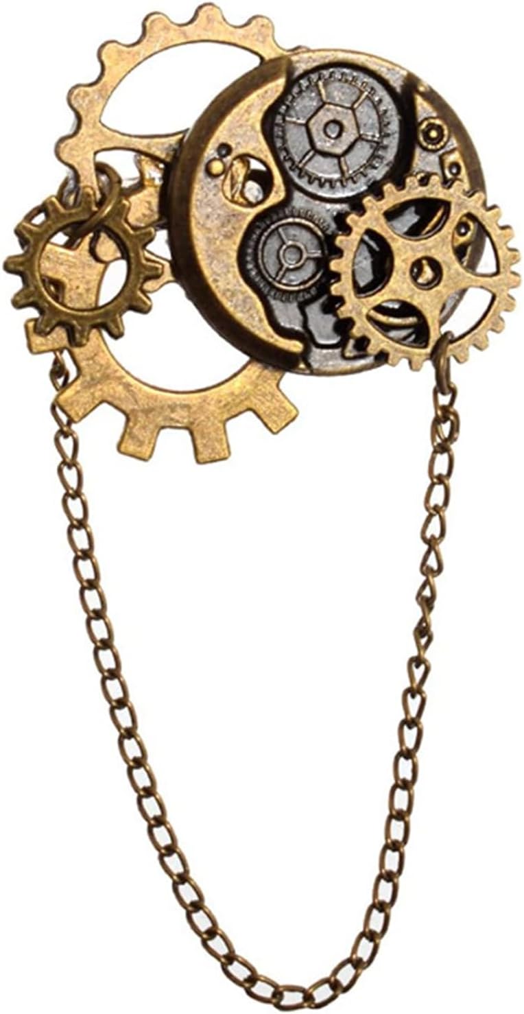 Vintage Steampunk Brooch Pin for Women Men Retro Antique Bronze Brooch Pin with Tassels Chain Clock Gear Brooch Mechanical Jewelry