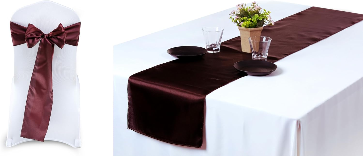 MDS Pack of 50 Satin Chair Sashes Bow sash and 5 Wedding 12 x 108 inches Satin Table Runner for Wedding Events Supplies, Decorations for Birthday Parties, Graduations, Engagements – Burgundy