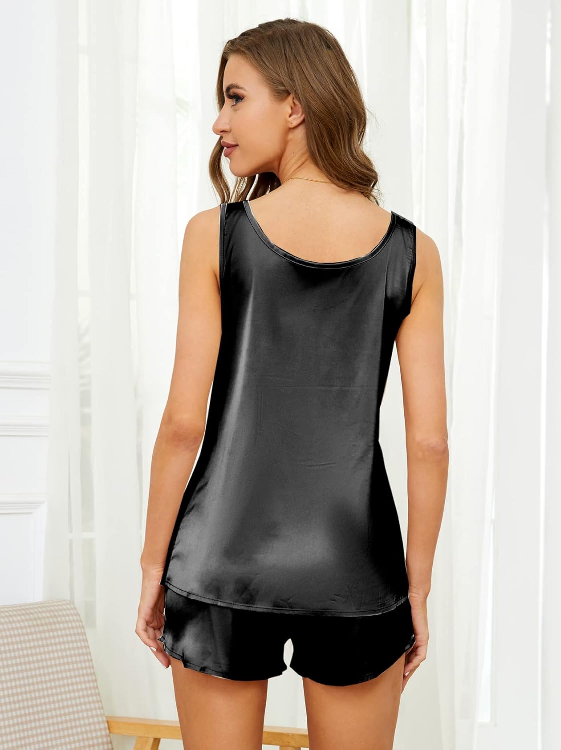 MOYEE Women Silk Pajama Set Soft Satin V Neck Tank Top and Shorts 2 Piece lounge Sets with Pockets - Image 3