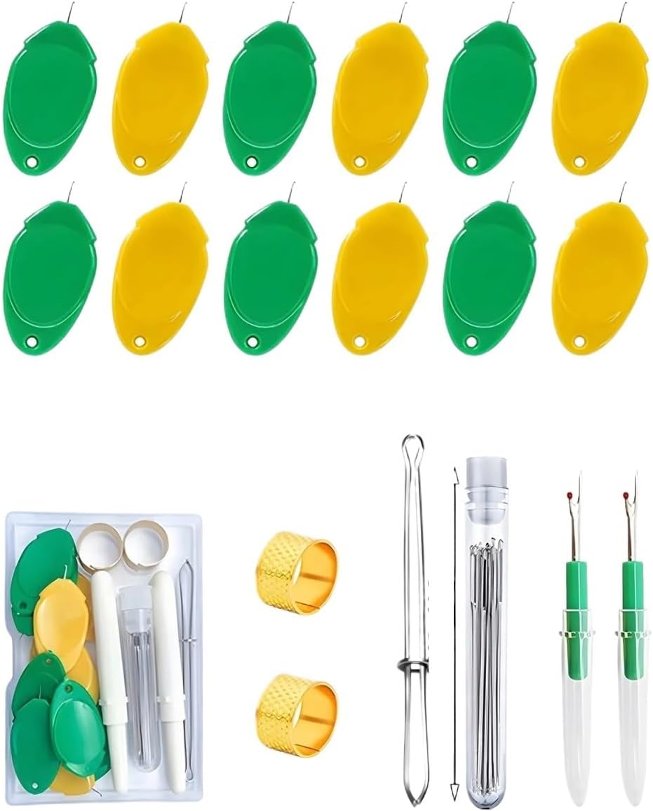Needle Threaders 4Kit Multiple Needle Threaders Kit Gourd Fish Thumb Sewing Threader Seam Ripper Sewing Tweezers Thimble with Scissor Box for DIY(Kit 6-40pcs)