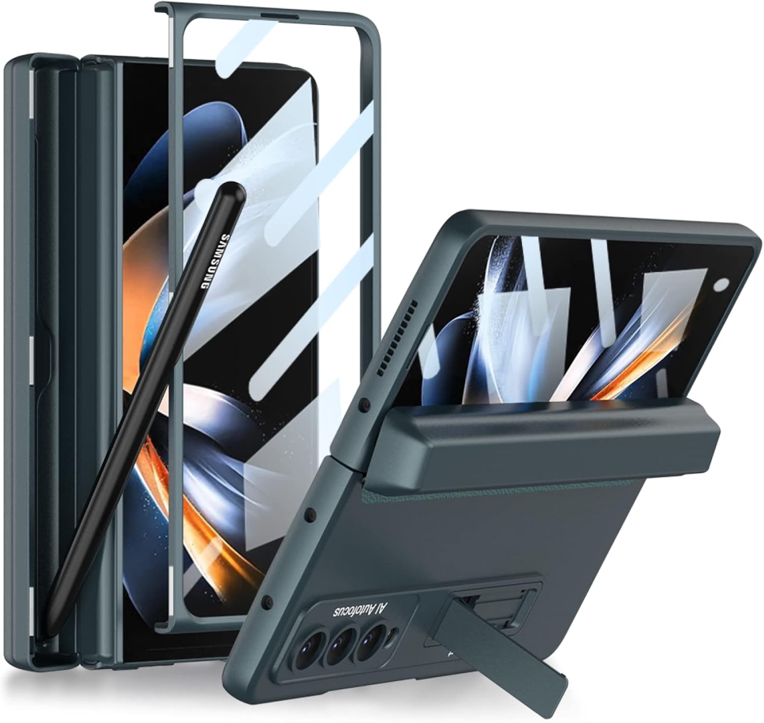 Magnetic Hinged All-Inclusive Phone Case for Samsung Galaxy Z Fold 4, Flip Phone Shell with Bracket for Z Fold4, Pen Box Anti-Fall Cover
