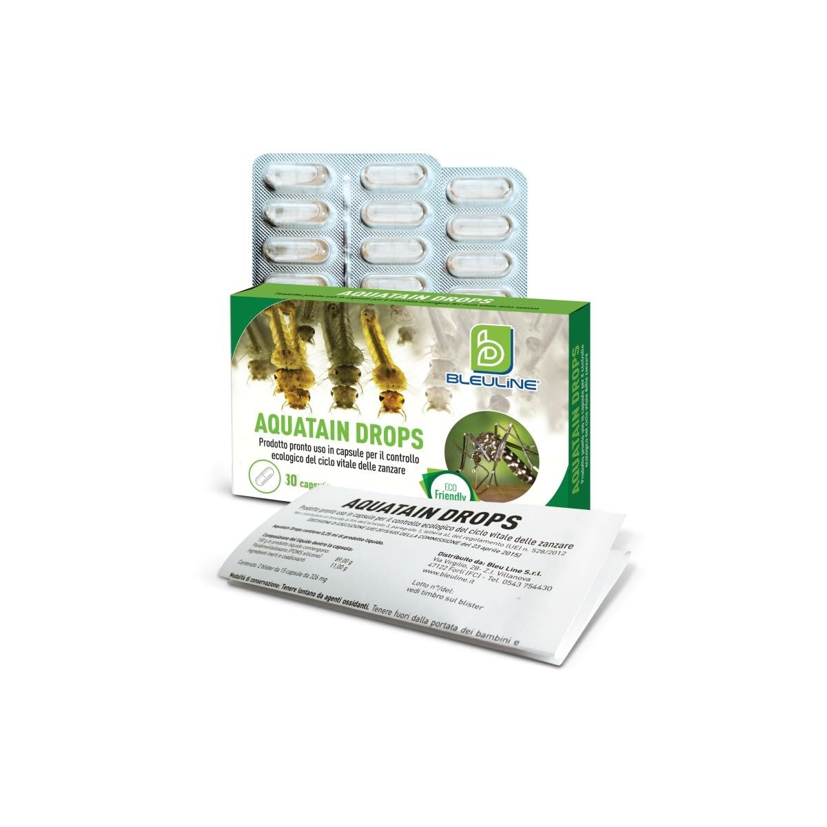 AQUATAIN DROPS IN CAPSULE IDROSOLUBILI PRONTO USO PER IL CONTROLLO ECOLOGICO DEL CICLO VITALE DELLE ZANZARE