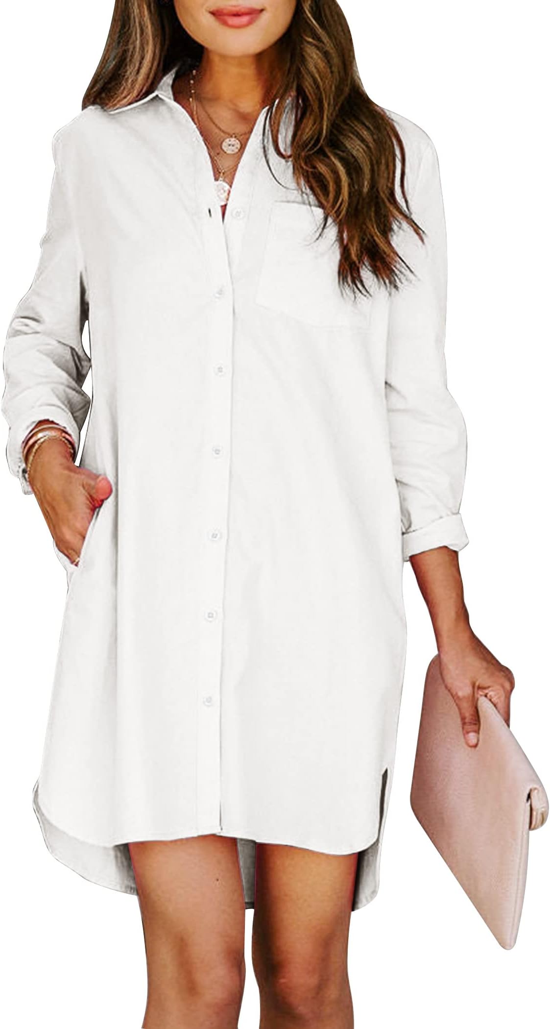 Womens Button Down Shirt Dresses with Pockets Cotton Button Up Tunics Long Sleeve Solid High Low Blouse Tops